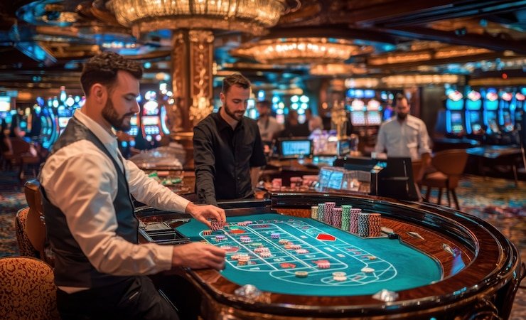 Tampilan meja dealer live casino dengan suasana interaktif menyenangkan